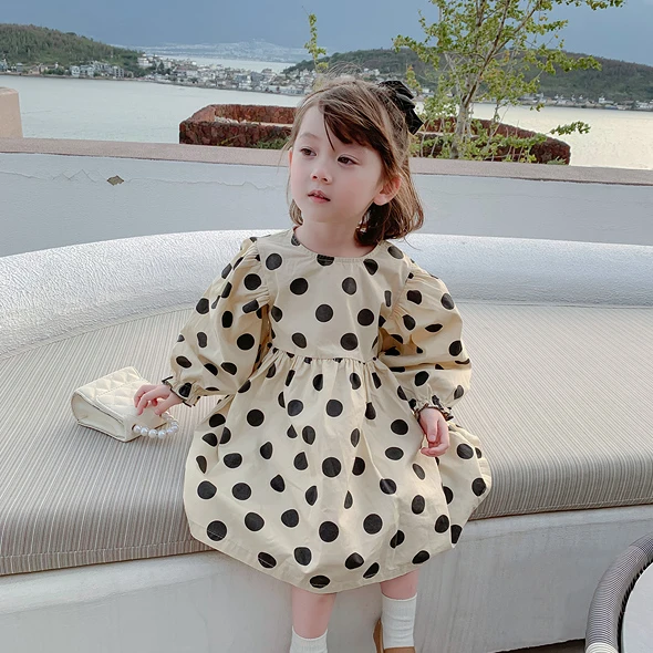 

2021 new spring arrvials wholesale high quality kids frock dresses long sleeve polka dot cute Casual dress, White