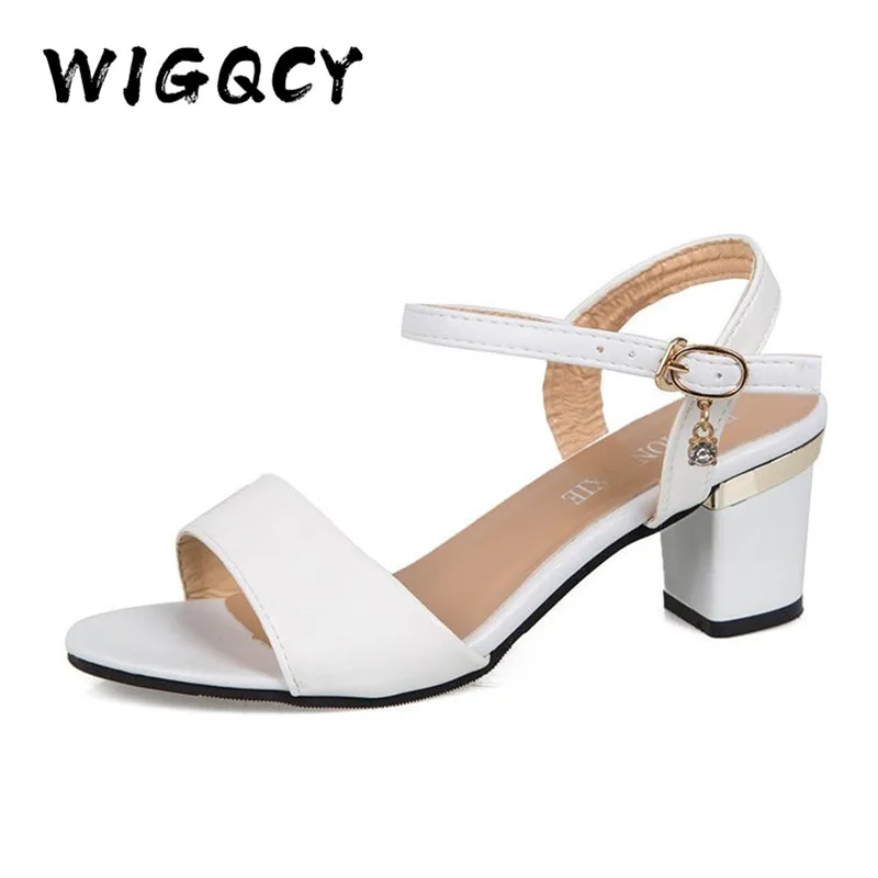 

42 Size Rhinestone Drop High heels sandals women New Summer shoes women Fashion Buckle Strap Square heel white Open toe sandals