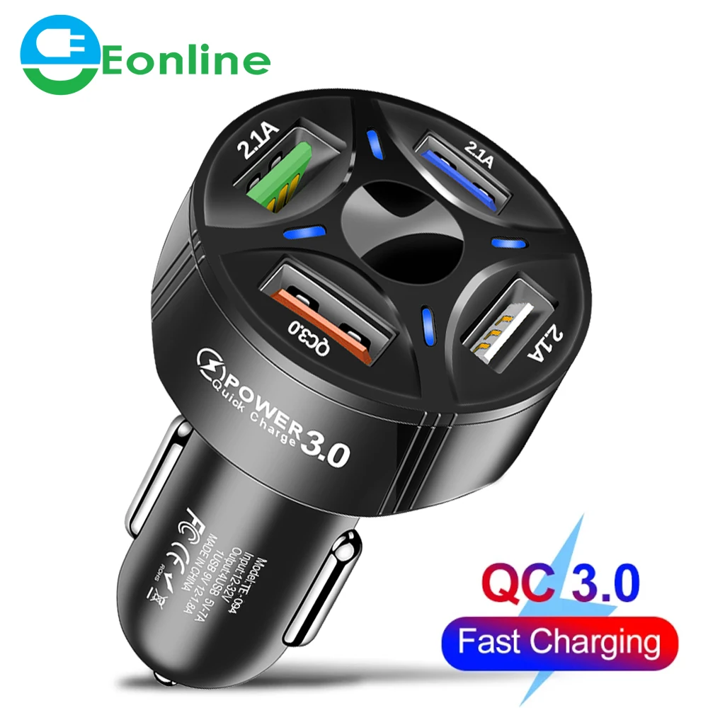 

Car USB Charger 7A 48W 4 port Quick Charge 3.0 Universal Fast Charging For iphone 11 Pro Samsung a31 Car Cigarette Adapter, Black / white