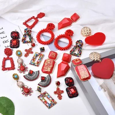 

Boho Multi Designs Red Gemstone Geometric Square Cross Seed Beads Dangle Earrings Ruby Crystal Heart Drop Earrings For Girls