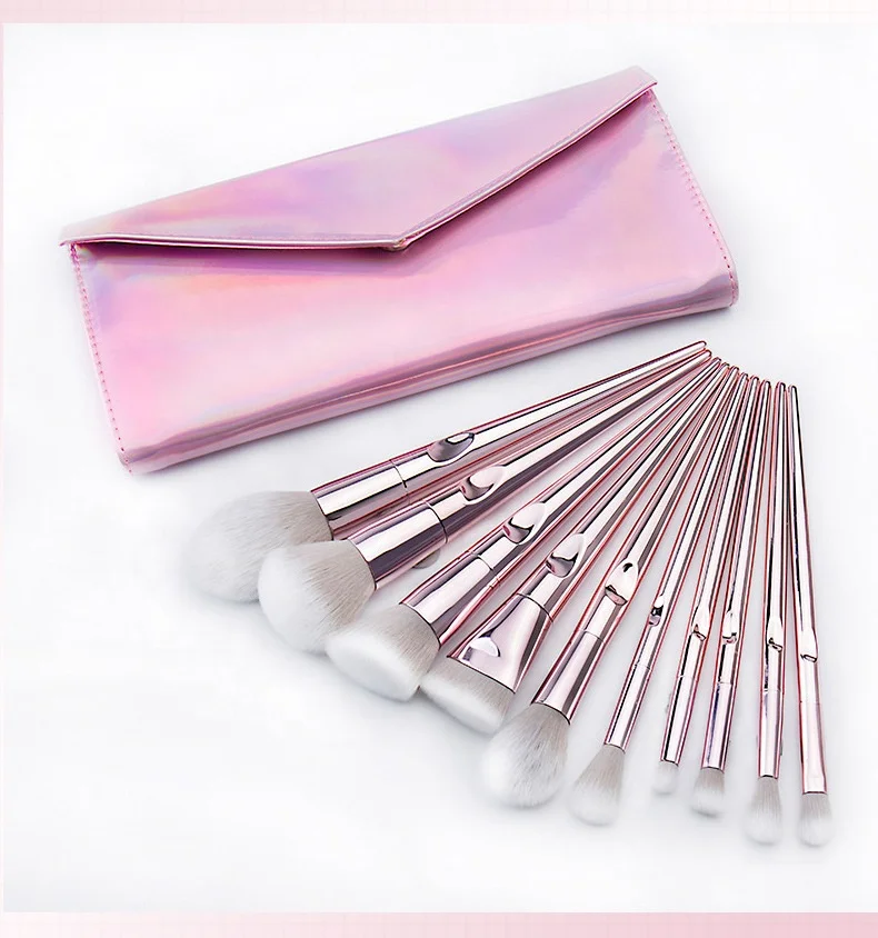 Custom Logo 10PCS Professional Synthetic Face Makeup Brush Set with Plastic Handle Pink Color Fan Brush Wholesale