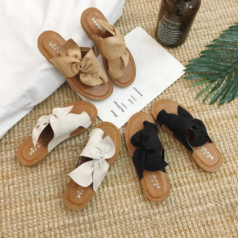 

SD-71 2020 Vintage suede bow cross strap open toe slipper for women with soft cork sole ladies beach sandals wholesale, Picture show , squine colors