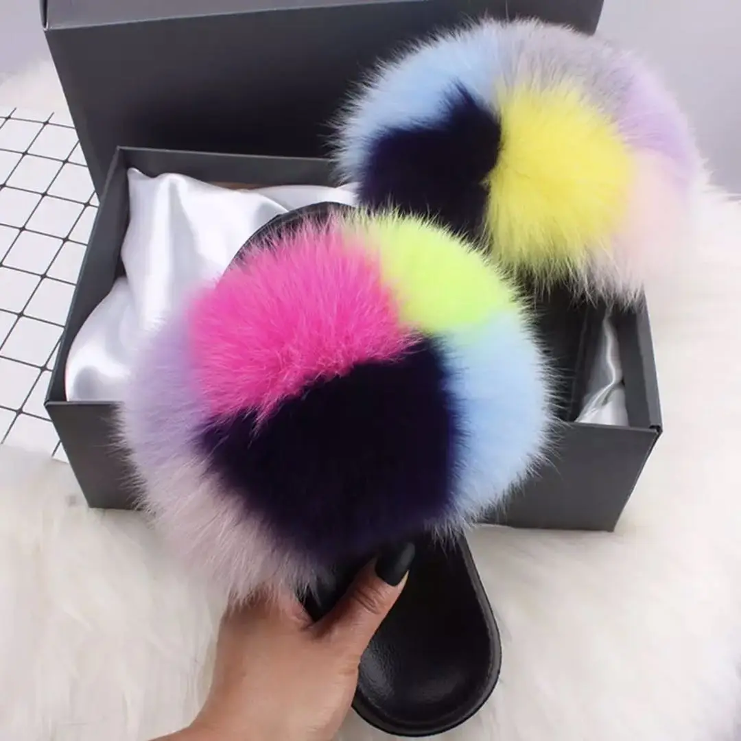 

2021 Fur fox slides fox fur for slides fox fur slippers kids and girls, Color matching or can be customized according to requirements