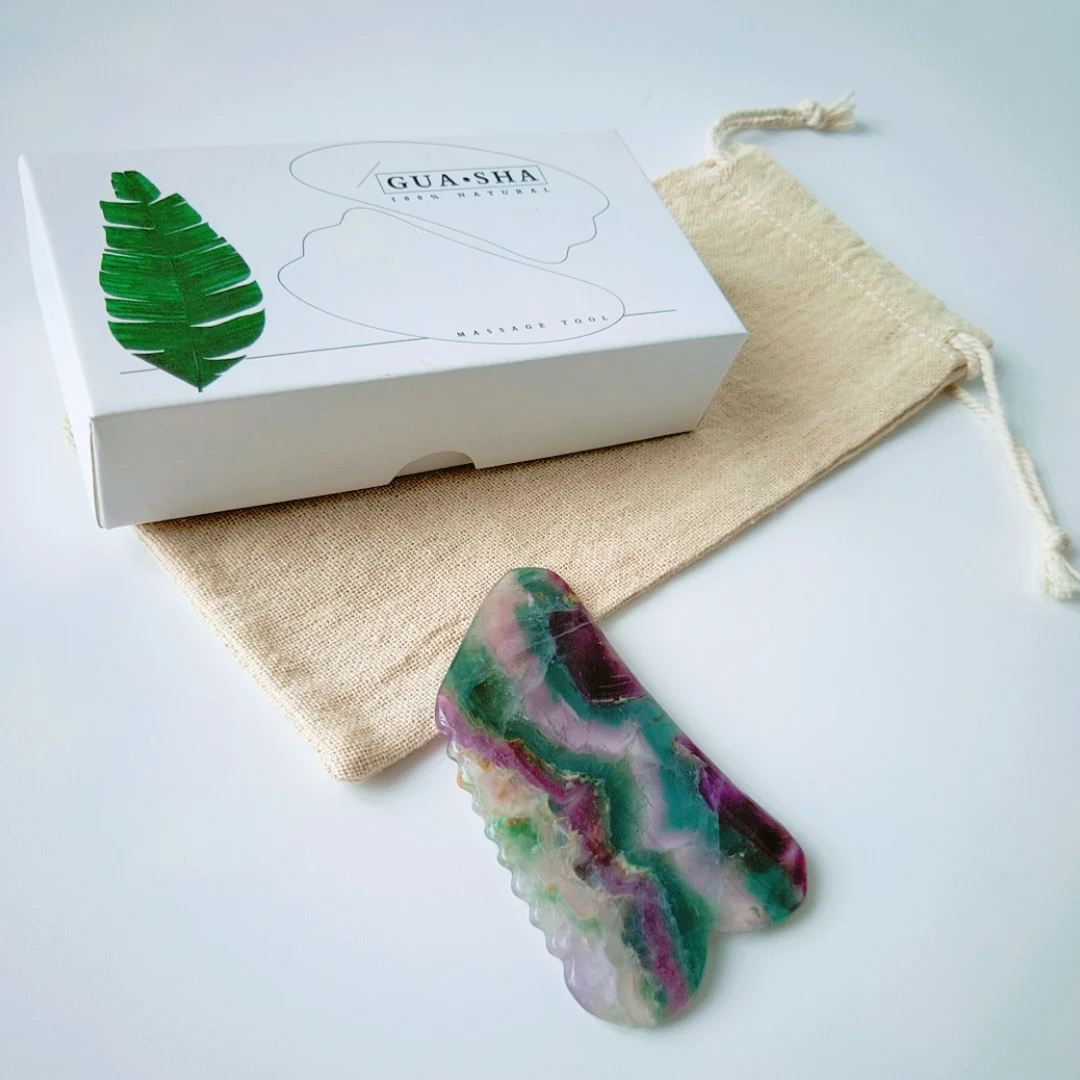 

Hot Product natural Fluorite gua sha tools carving logo stone plate square jagged shape