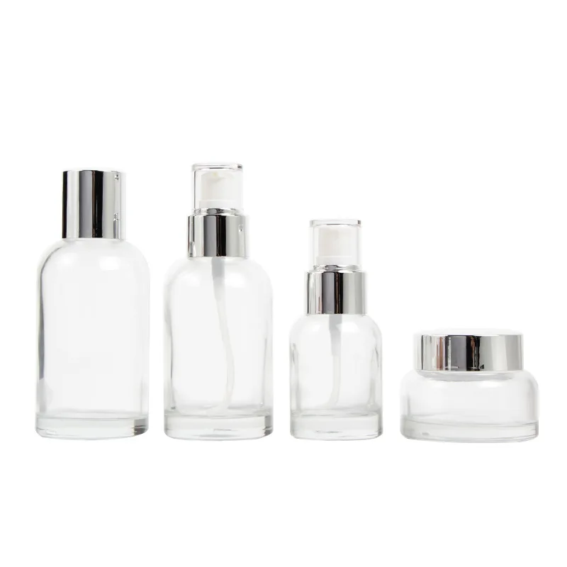 

100ml 120ml cosmetic packaging bottle sets clear lotion bottle with silver lid skincare glass spray bottle