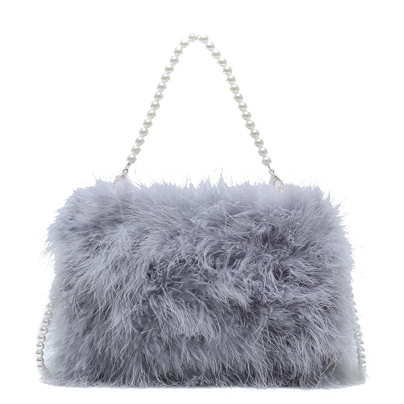 

Jtfur Winter new style ostrich fur hand warmer fur handbags fashion turkey feather pearl portable women handbag, Customized color