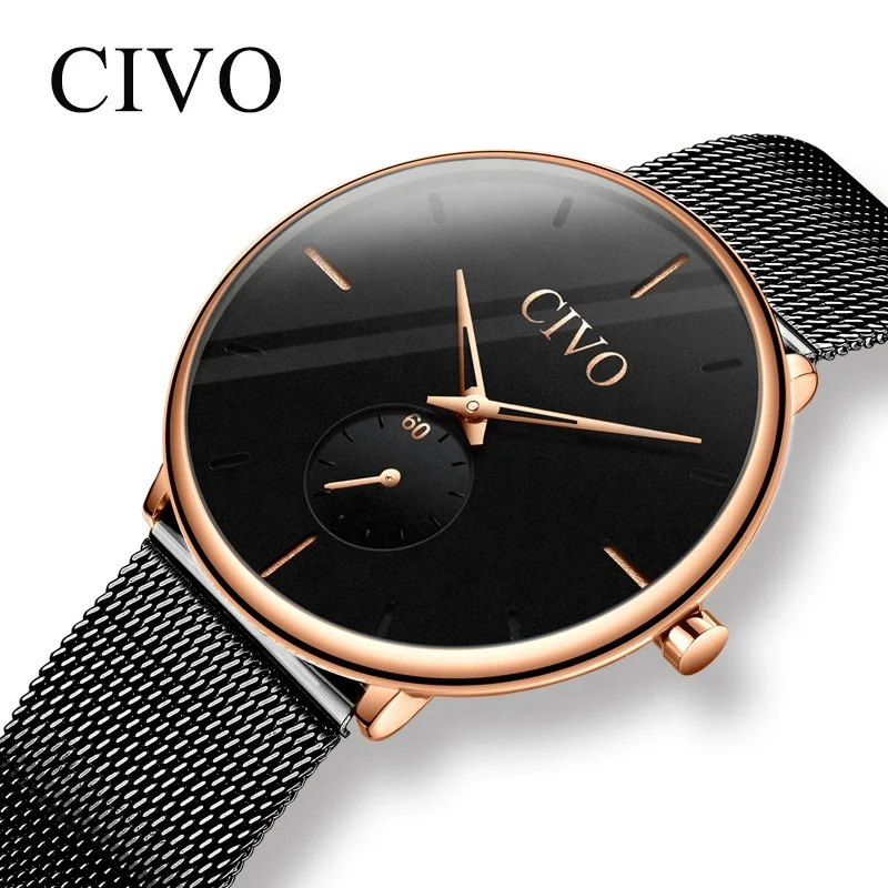 

CIVO fashion Ultrathin minimalist Watch For Men with Waterproof Stainless steel Mesh chronograph couple watch Relogio masculino