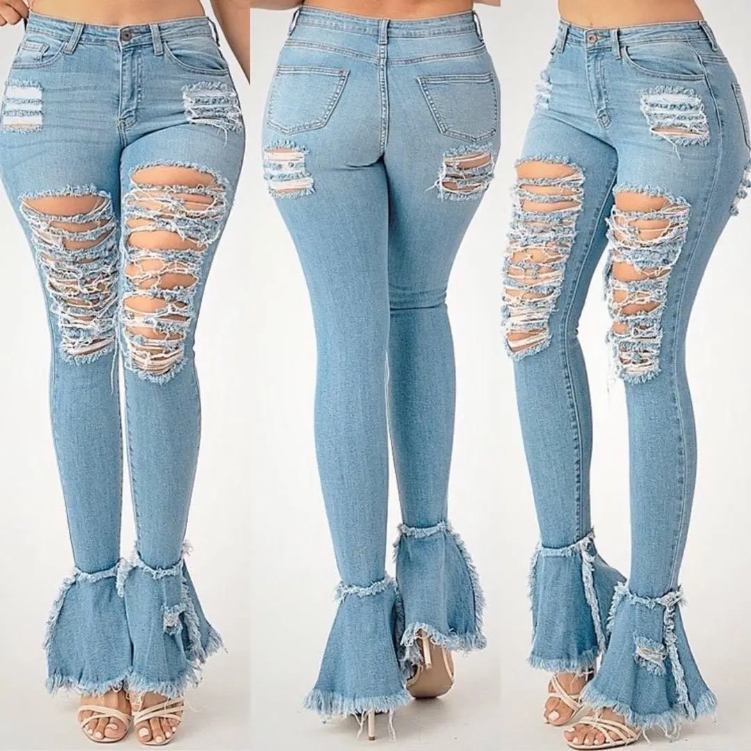 

High Quality High Waist Sexy Women Slim Jeans Fit Skinny Denim Jeans Flared Trousers Stretch Ripped Jeans Pants