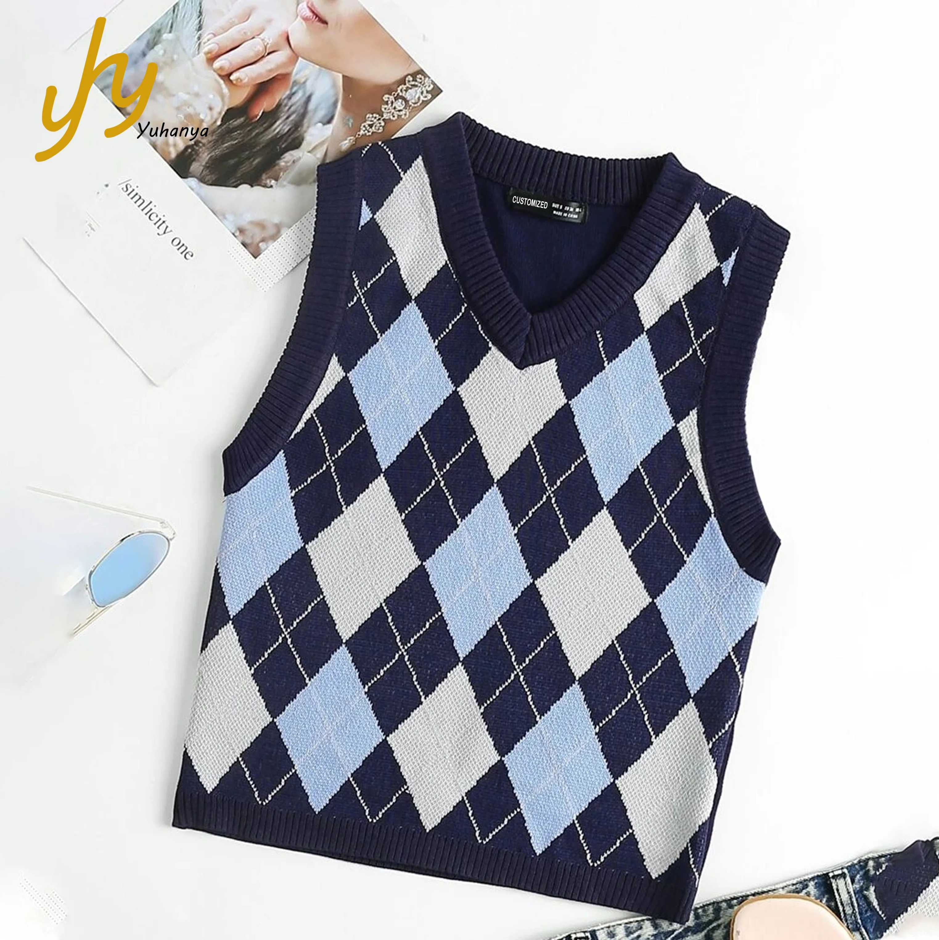 

Fashion Hot Sale Shein Argyle Pattern V Neck Sweater Vest, Multicolor