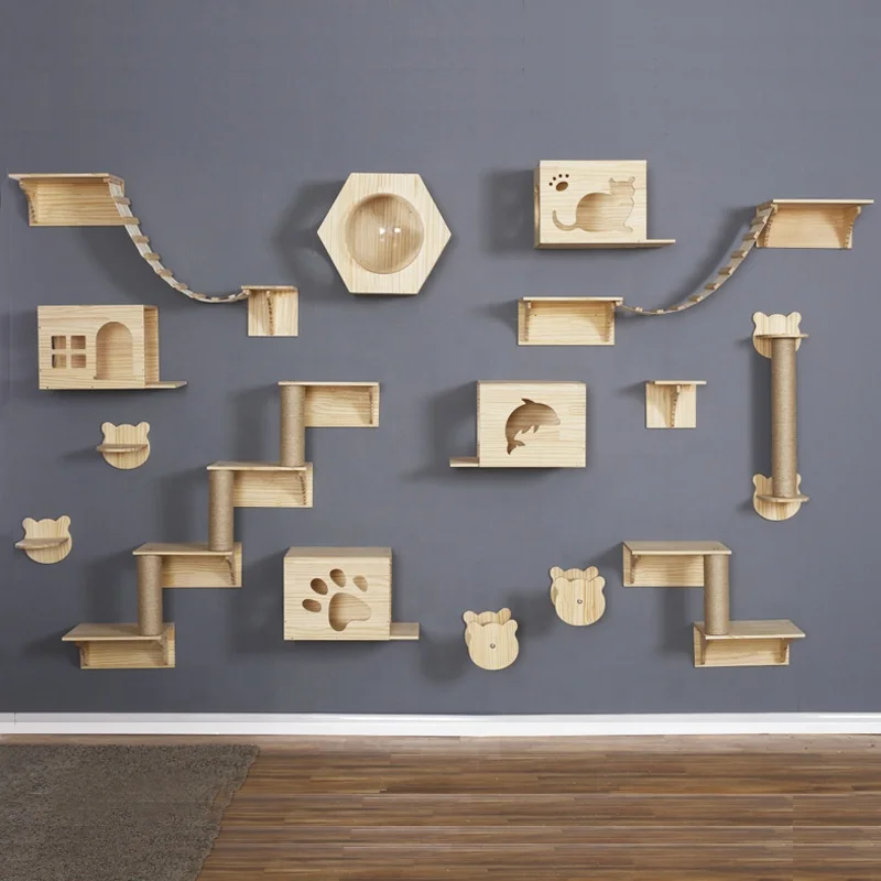 

Wall Mounted Cat Scratching Post Multi Level Cat Shelves with Solid Wood Steps and Hammock, Wood color
