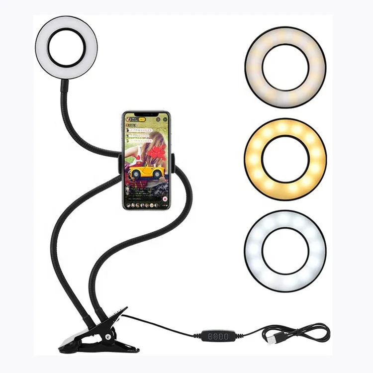 

3 inch 360 Rotating Dimmable Brightness Desk Clamp LED Selfie Ring Light with Flexible Gooseneck Phone Stand Holder, Black