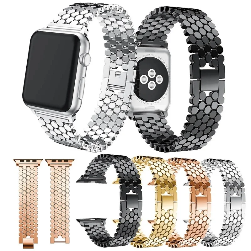 

42mm 44mm 38mm 40mm Metal Replacement Strap For Apple Watch Series 5/4/3/2/1 Bracelet Fish Scale Watch Band, Black, silver, gold, rose gold