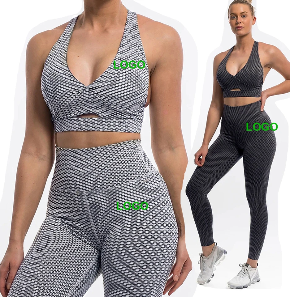 

Fashion Yoga Suit Sport Wear Patchwork Sports Bra with High Waist Elastic Push Up Varley Leggings, Black / gray