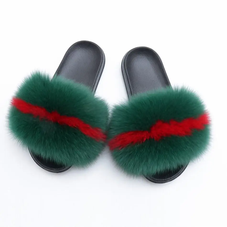 

Custom Indoor Outdoor Mixed Color Big Fur Slides Slipper Soft Real Fox Fur Slipper Womens Ladies Girls, Customized color