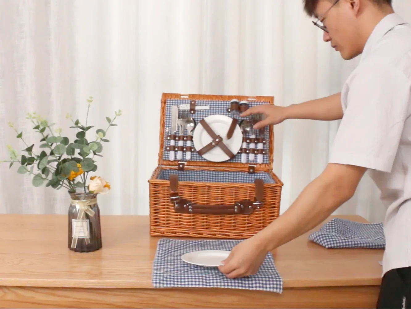 手作りウィローピクニックハンパー食器セットハンドル付きピクニックバスケットセット Buy ピクニックバスケットハンドル、ピクニック