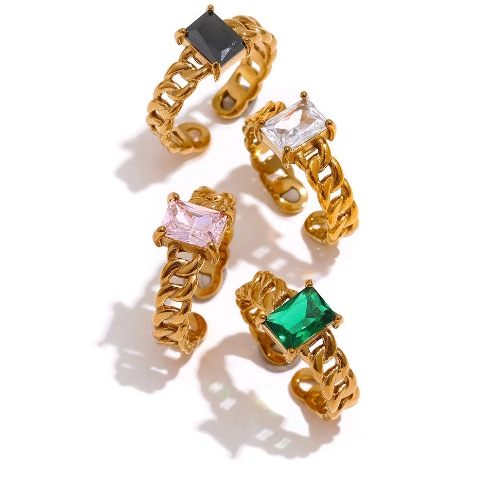 

JINYOU 2106 Charm 18k Gold Plated Chain Ring Stainless Steel Colorful Green Pink Cubic Zirconia Open Moissanite Ring Women