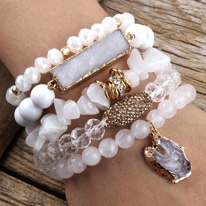 

New Boho Jewelry Natural Stone Chip Rhinestone Pave Clay Peanut Elastic Bracelet Irregular Druzy Pendant Stack Bracelets Set