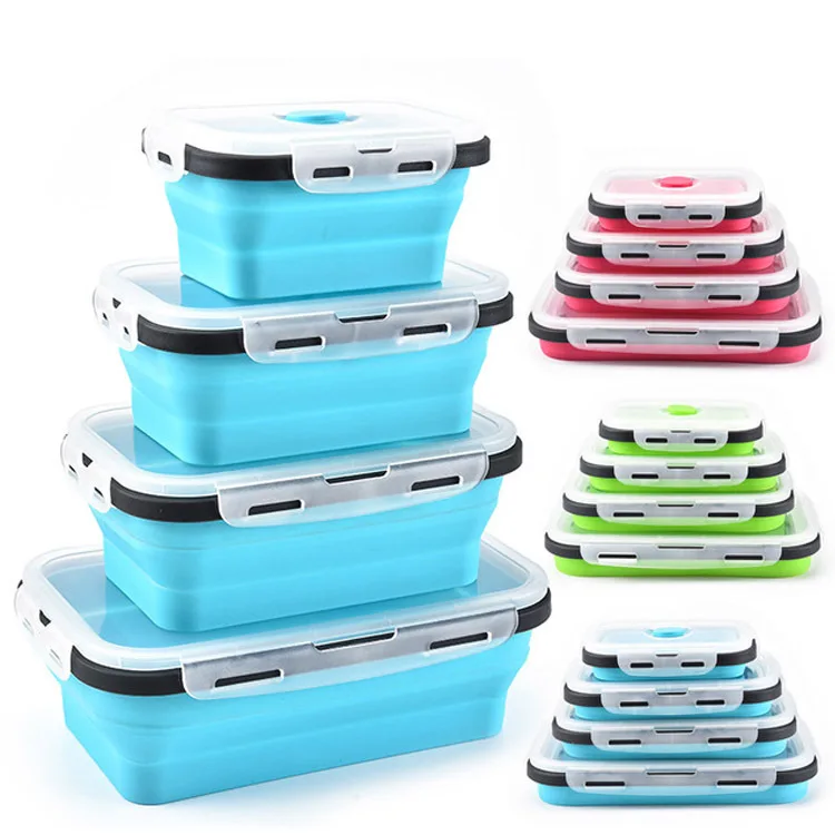 

Hot Sale 350ml 500ml 800ml 1200ml Set of 4 Collapsible Microwave Heating Silicone Lunch Boxes Food Storage Container