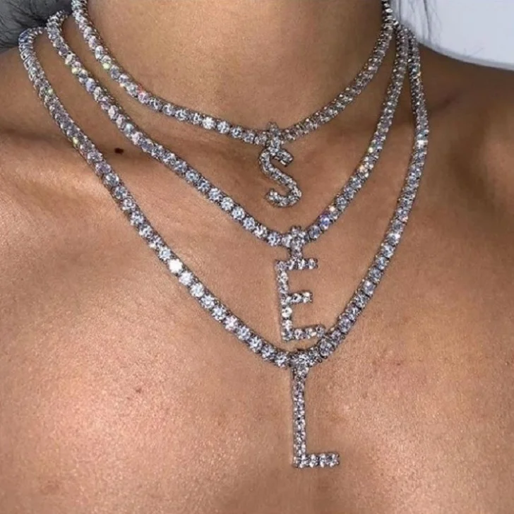 

Alphabet HipHop Jewelry A-Z Rhinestone Chain Letter Necklaces for Women Men Pendant Initial Tennis Choker Necklace, Gold color