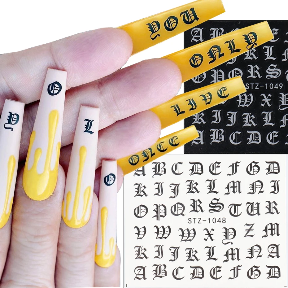 

ABC Alphabet Appliques English Old Font Black Letter Nail Water Stickers Decals, Black/white/rose red