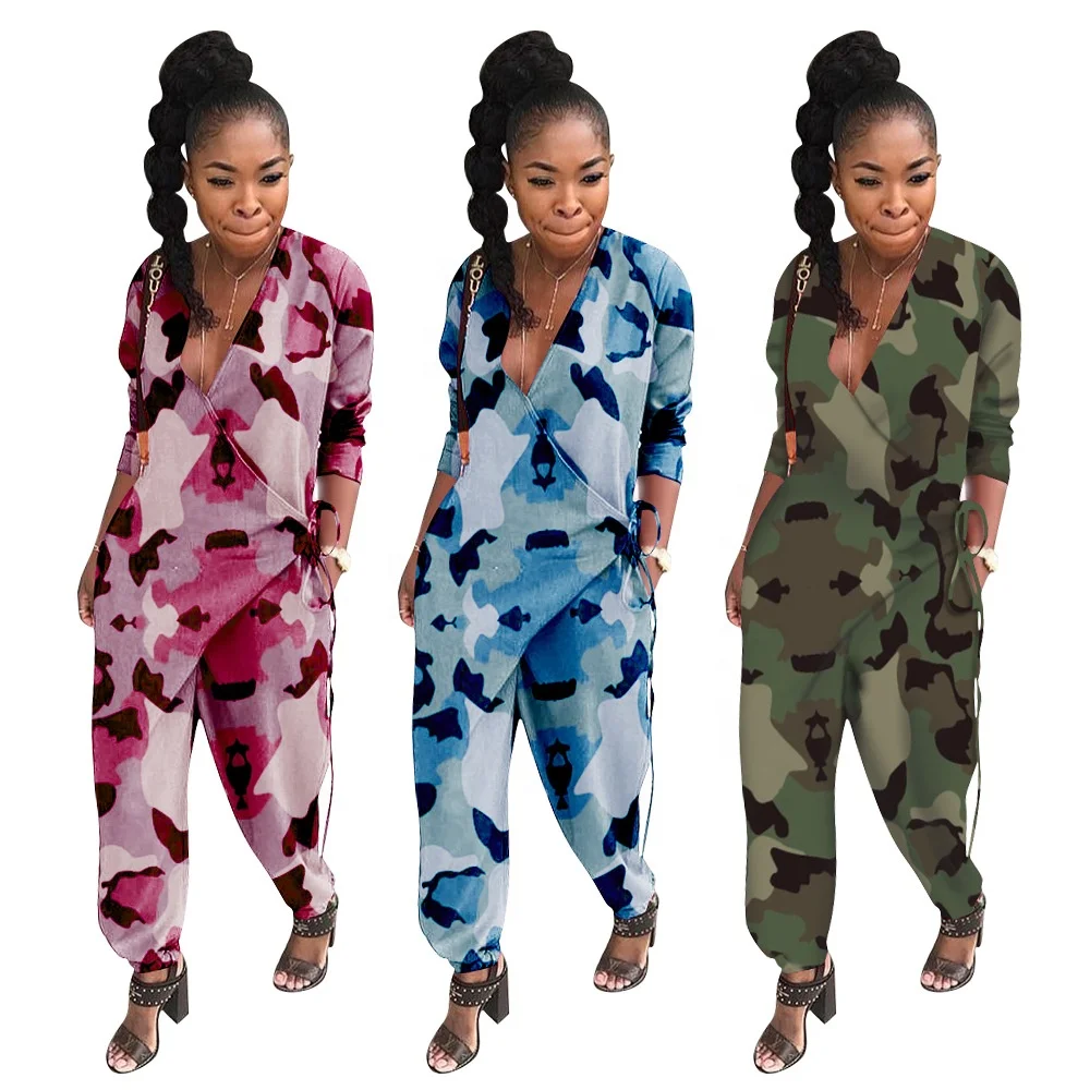 

Clothing Vendor hot sales camouflage long sleeve harem pants jumpsuits casual rompers for womens, Custom color or our colour stock