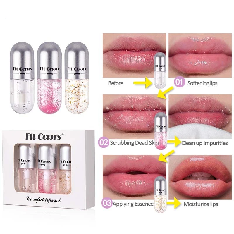

Private label lip care trilogy transparent moisturizing scrub exfoliating dead skin care lip oil lip gloss set custom logo