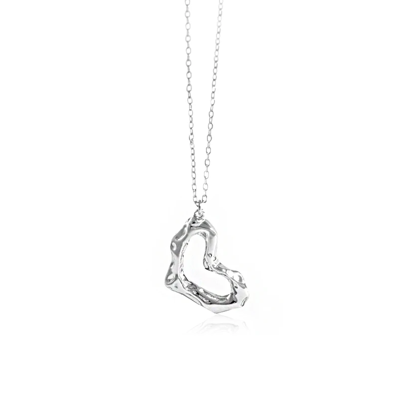 

fukarni New design Newest Design Real plain 925 Sterling Silver Uneven Hollow Heart Pendant Necklace For Women Gift TN094