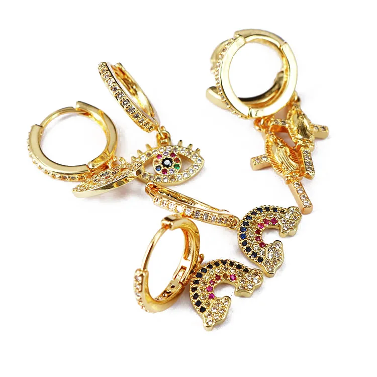 

EC1650 Trendy jewelry 18k gold plated CZ cubic zircon rainbow cross eye dangle huggie earrings for women, Multicolor