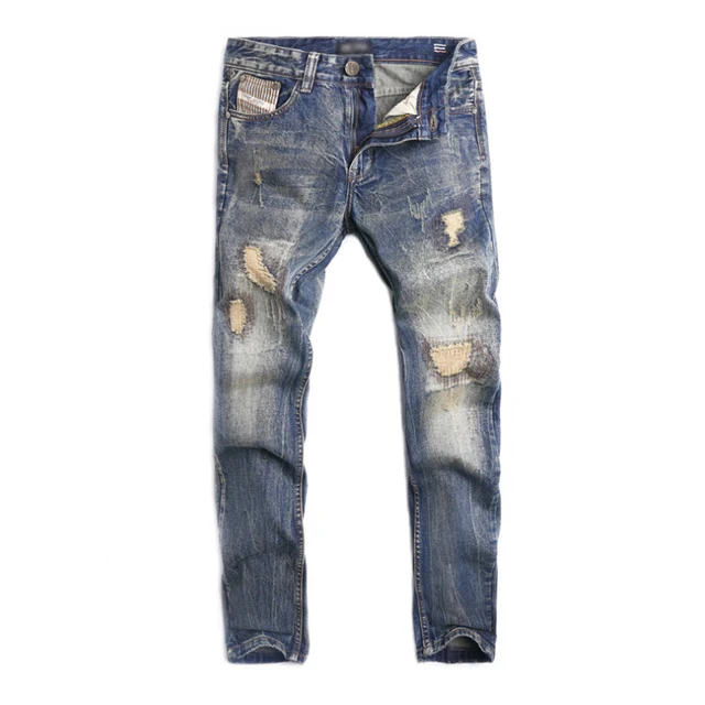 

High Waist Stretchy Ripped Skinny Trend Man Jeans Distressed Hole Fit Denim High Quality Men's Jeans, Blue