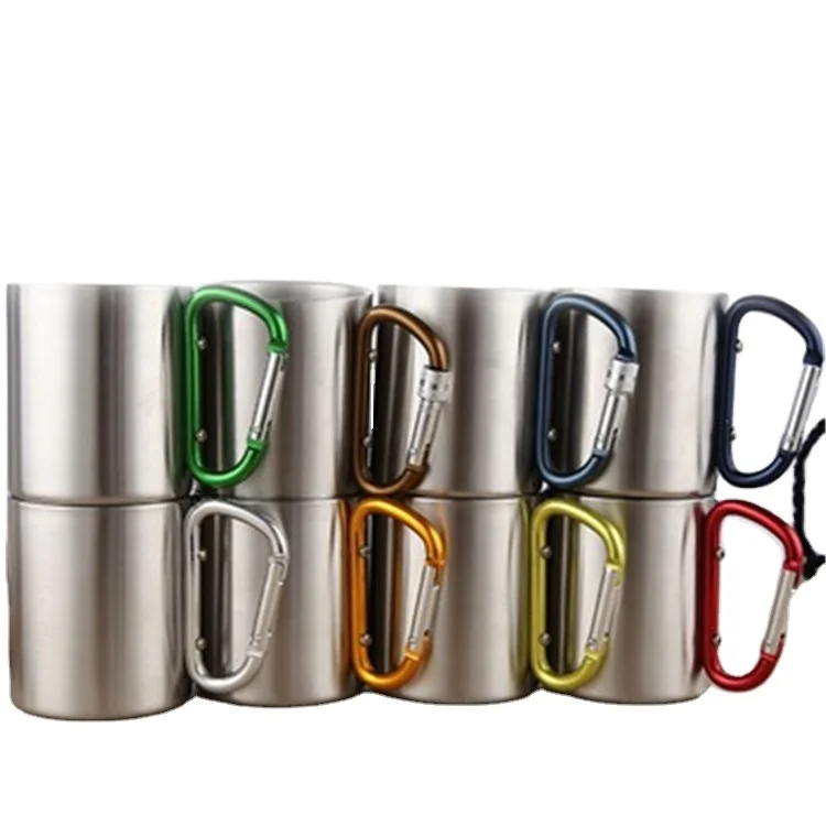 

200ml 300ml outdoor camping travel portable stainless steel coffee cup double walled carabiner mug with handle, Customized colors acceptable