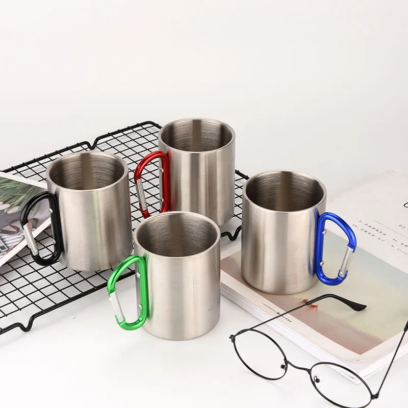 

220ml 300ml 450mloutdoor camping travel portable stainless steel coffee cup double walled carabiner mug with handle