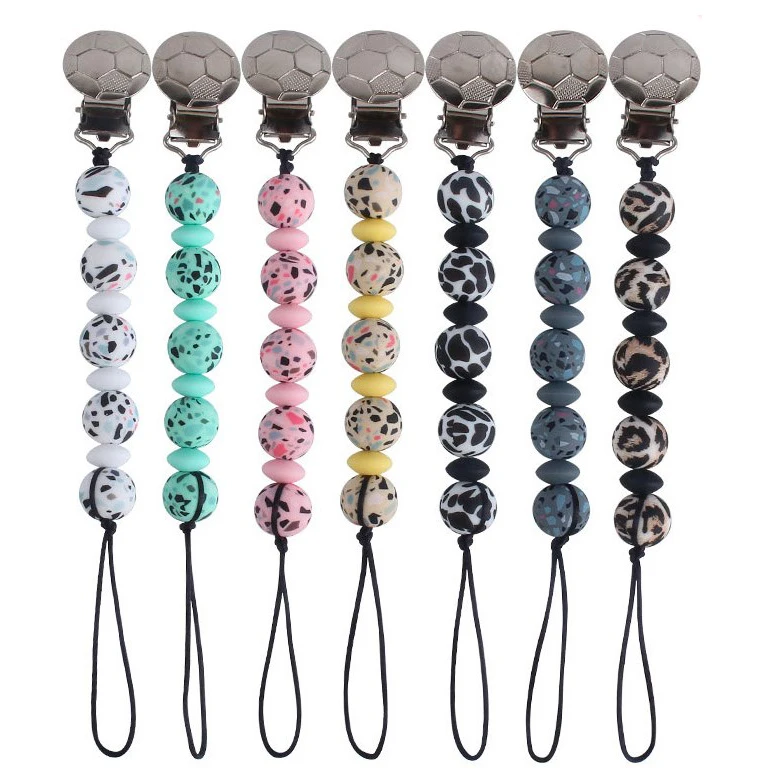 

Football Shape Metal Pacifier Clip Baby Soother Leopard Print Silicone Bead Teether Pacifier Holder