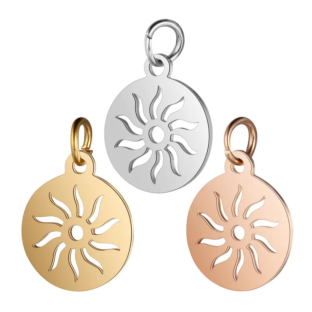 

High Polished Gold Plated Stainless SteelJewelry Finding Metal Accessories For Women Round Hollow Sun Charm Pendant, Gold,silver,rose gold