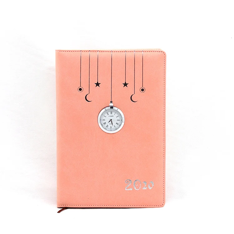 Cheap fancy stationary A5 Hardcover PU Leather Pocket Journal Notebooks with clock