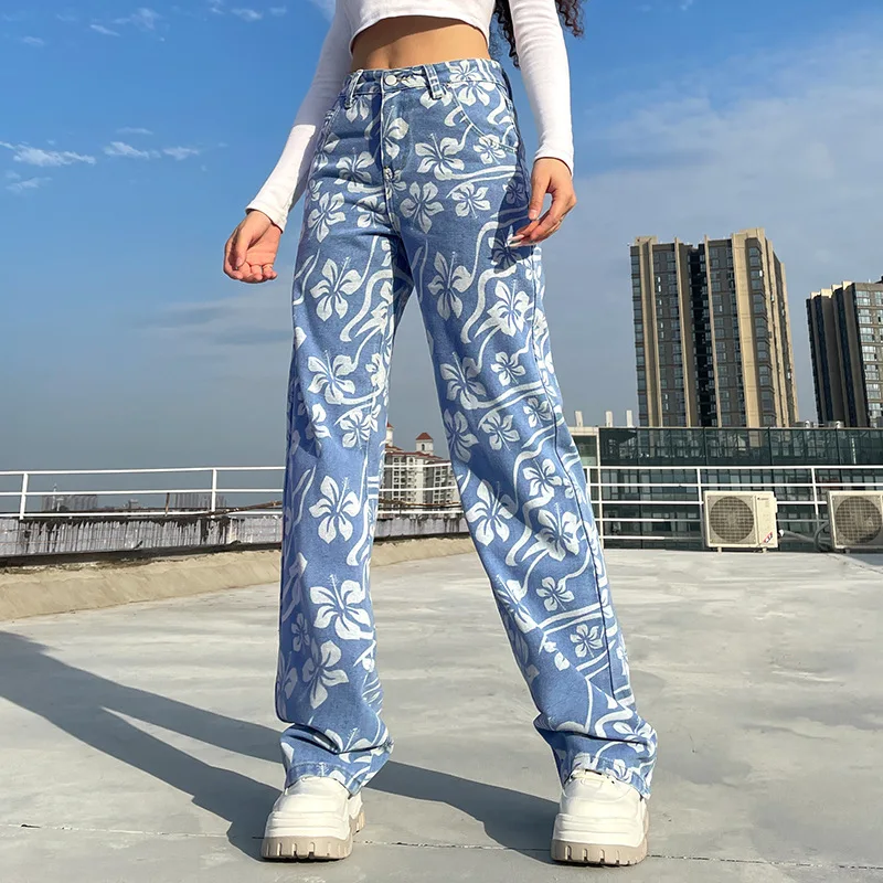 

Flower Print Casual High Waist Pants Women Fashion Skinny Long Trousers Ladies Blue Straight Sweatpants Streetwear 2022