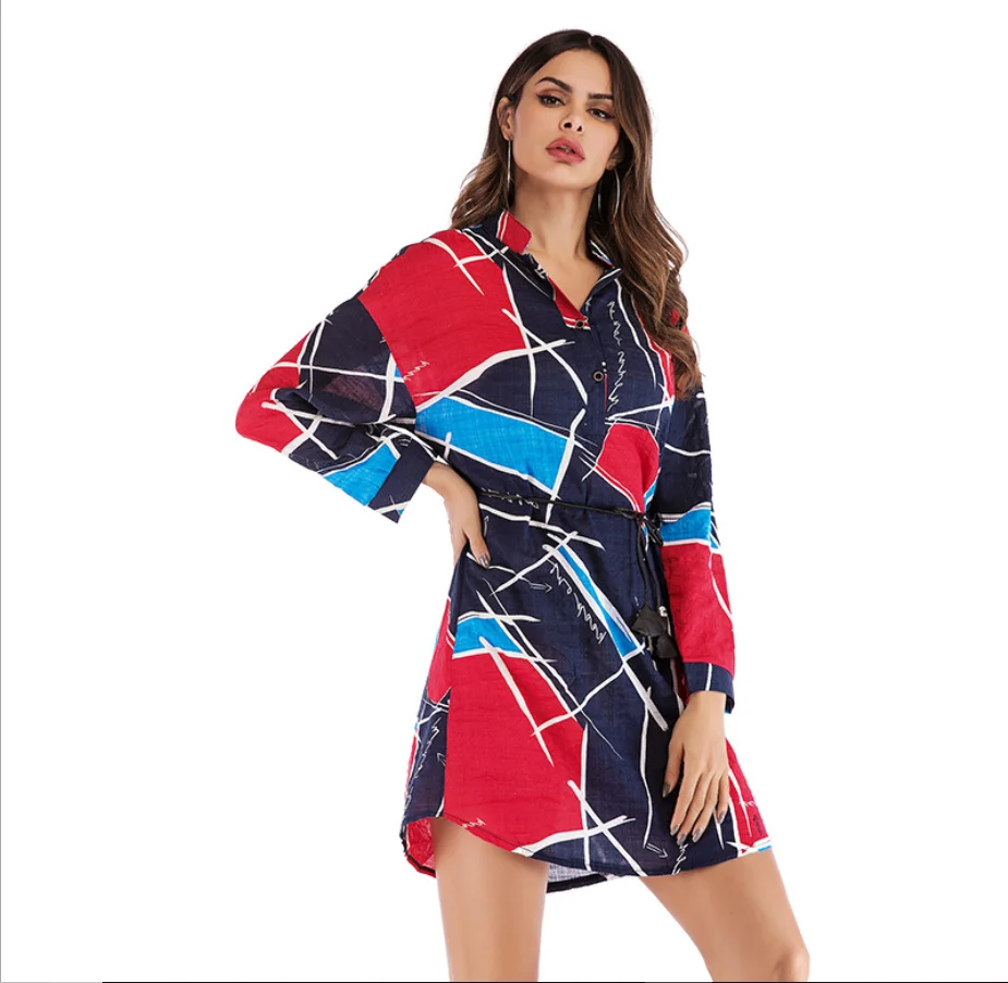 

Women's Casual Color Block Long Shirt Geometric pattern contrast color printing long shirt top