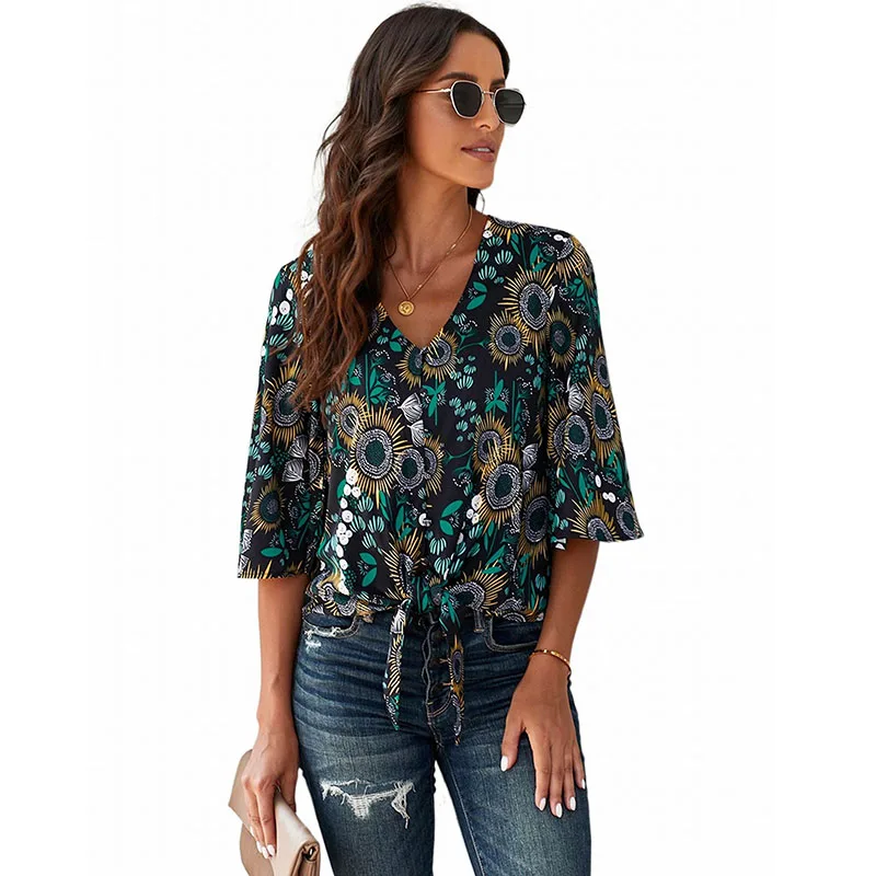 

Summer Brief Tops For Women Solid V Neck Three Quarter Sleeve Forever Tonight Button Down Tie Top