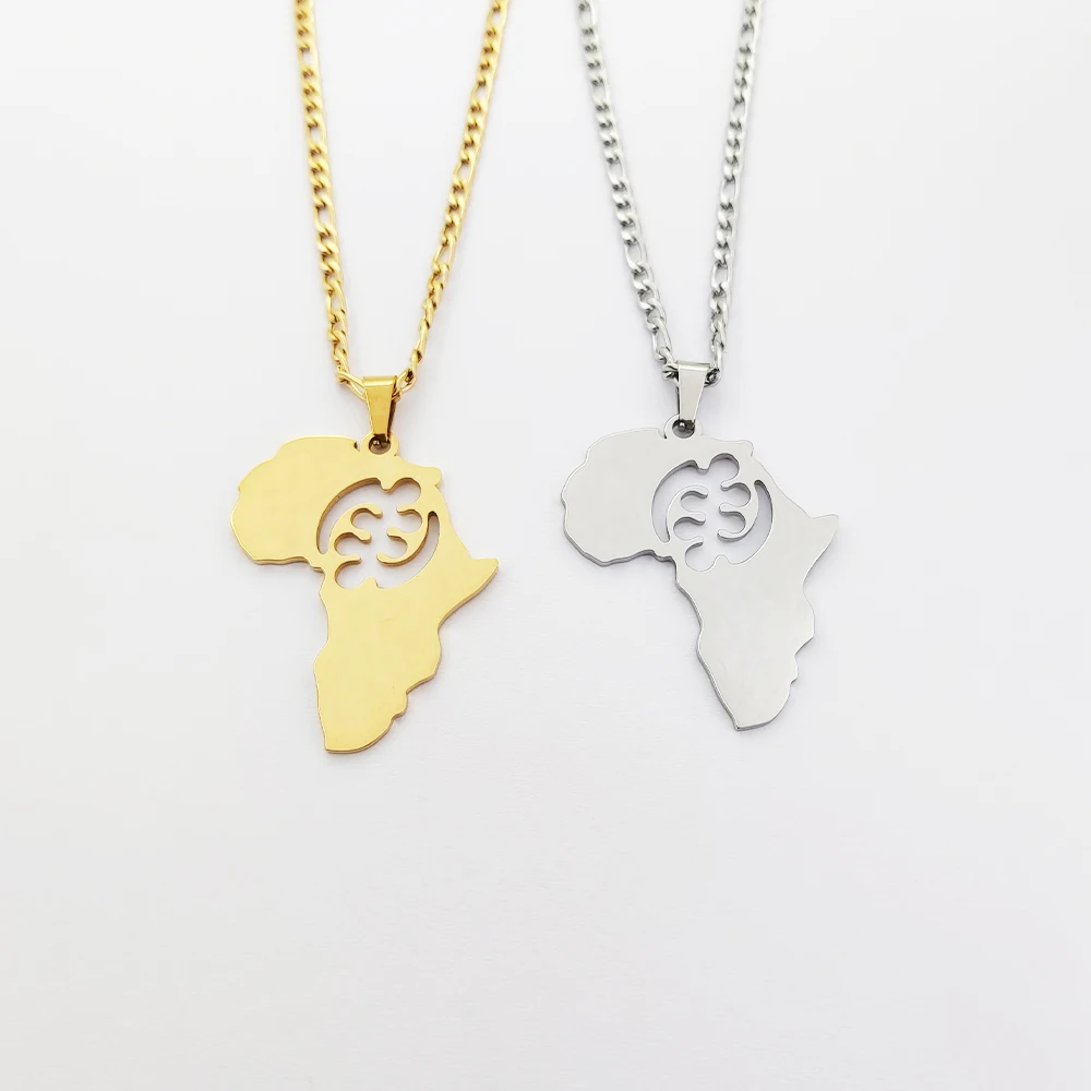 

African Map Symbol Pendant Necklace for Women and Men Gold Stainless Steel Adinkra Gye Nyame Ethnic Jewelry Ghana, Steel/gold/rose gold and other