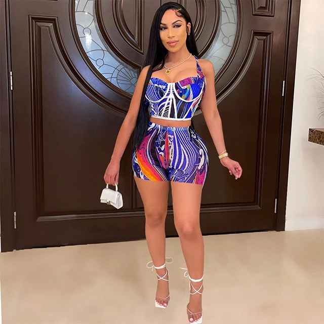 

Sexy Print Tank Top With Short Pants Casual Boat Neck Sleeveless Two Piece Short Set -SM, Red,black,blue