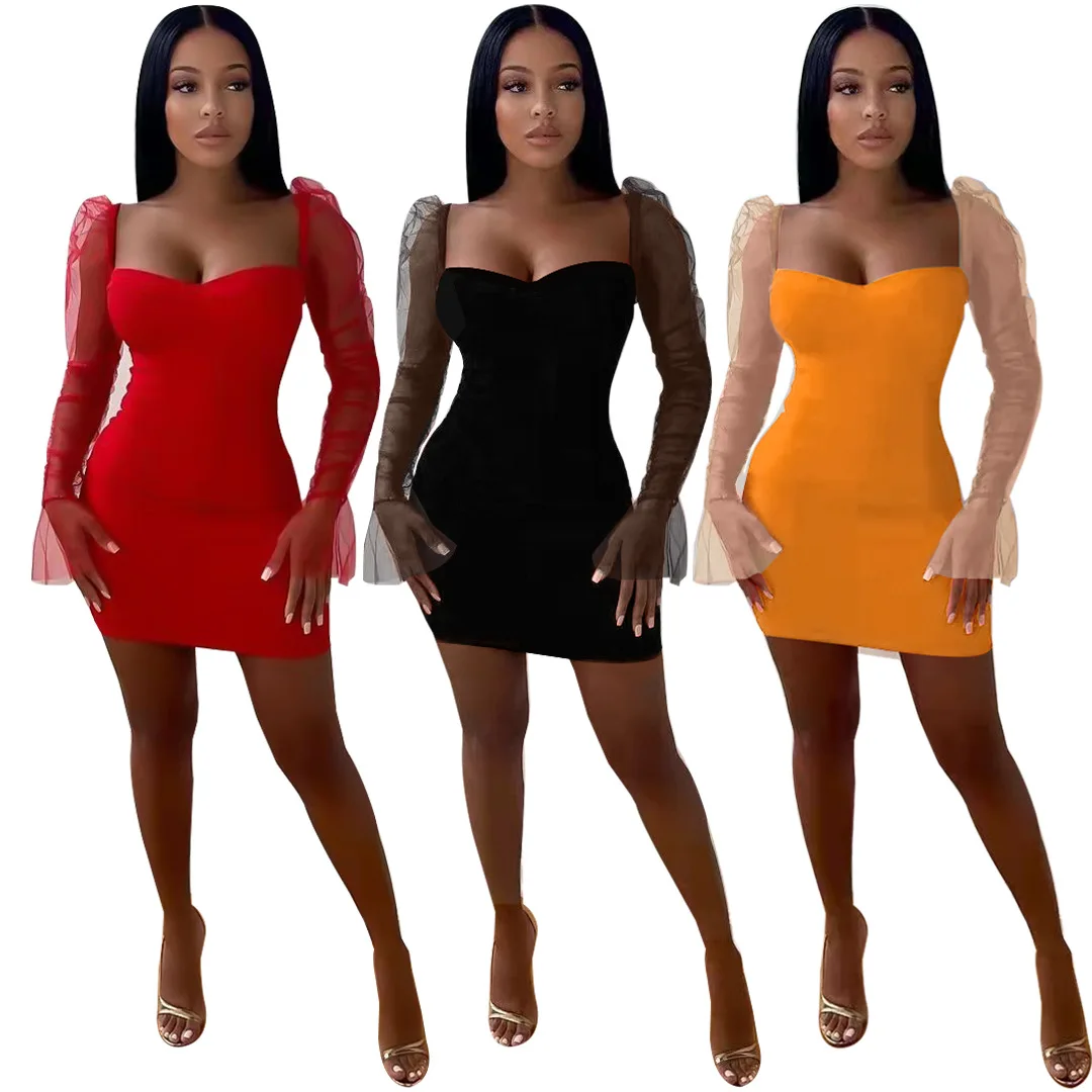 

2022 New Fashion Patchwork Mesh Sleeve Mini Dress Nightclub Women Solid Sexy Tube bodycon dress for women, Photo color