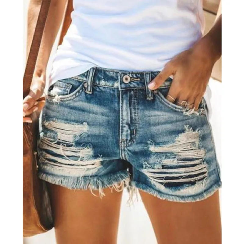 

New Arrival Summer Casual Summer Denim Women Shorts High Waist Fur-lined Leg-openings Plus Sizes, As shown