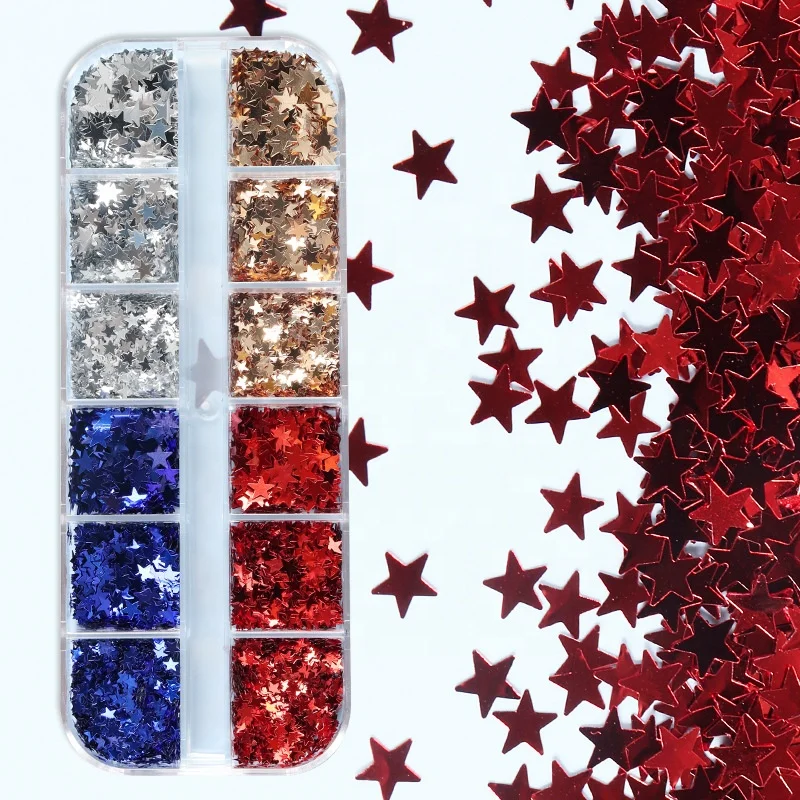 

Paso Sico 12 Slots/Box Colorful 4 Shiny Star Mixed 3D Nail Art Sequins Glitter for Summer Spring Holiday Manicure