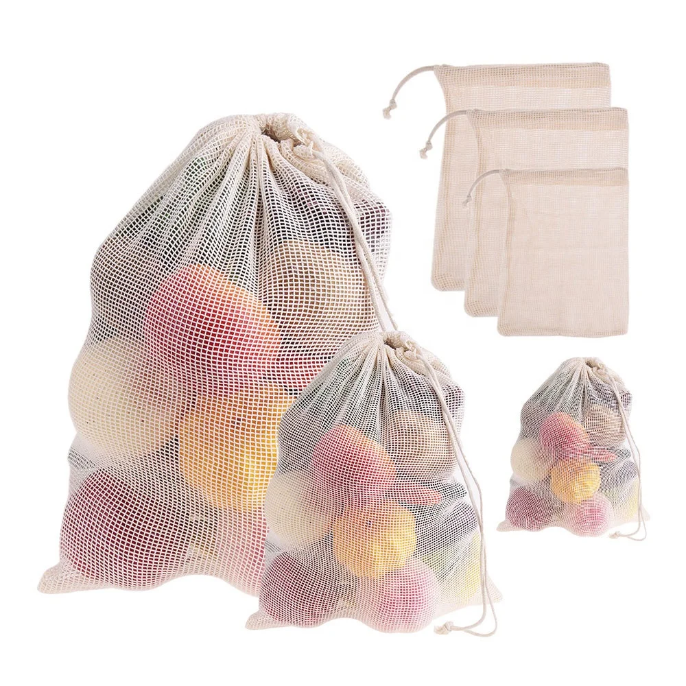 

Reusable fruit vegetable organic cotton mesh bags for supermarket, Customized color