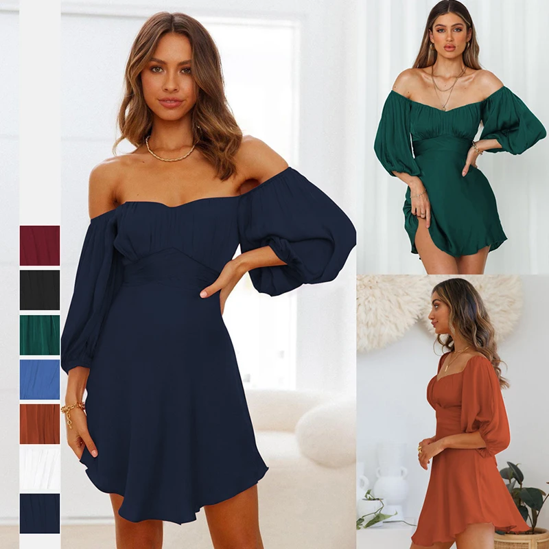 

A-Line Color Red Color Off Shoulder Dress Summer 2021 New Lantern Sleeve High Waist Mini Dresses Vestidos De Mujer, Solid color /custom