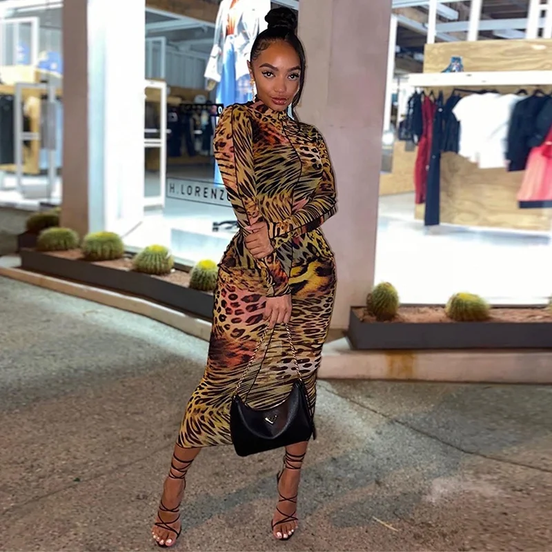 

2021 New Round Neck Long Sleeve 3D Leopard Print Wave Patchwork Vestidos Dress Dresses Women Bodycon