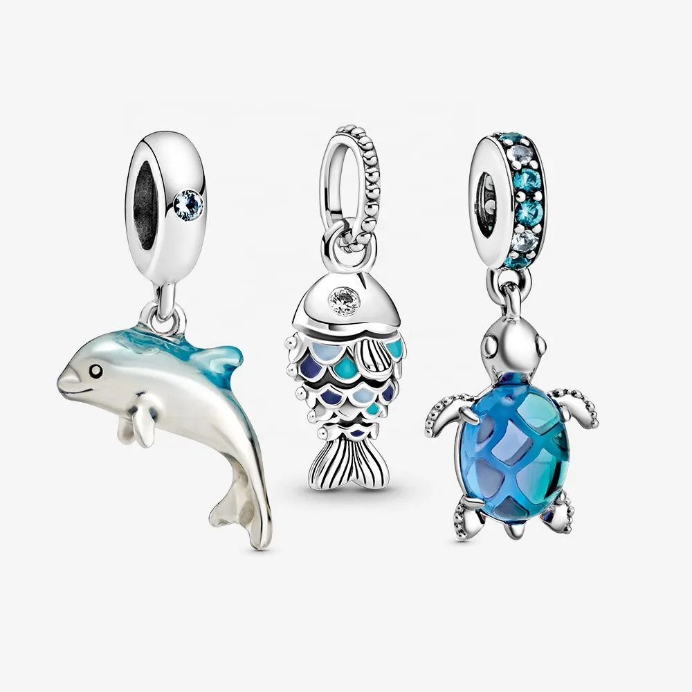 

Ocean Sea Turtle Charm Fish Crystal Pendant Enamel Bead Dolphin Charm Sterling Silver 925 Jewellery For Women DIY Jewelry Charms, Silver/ rose gold