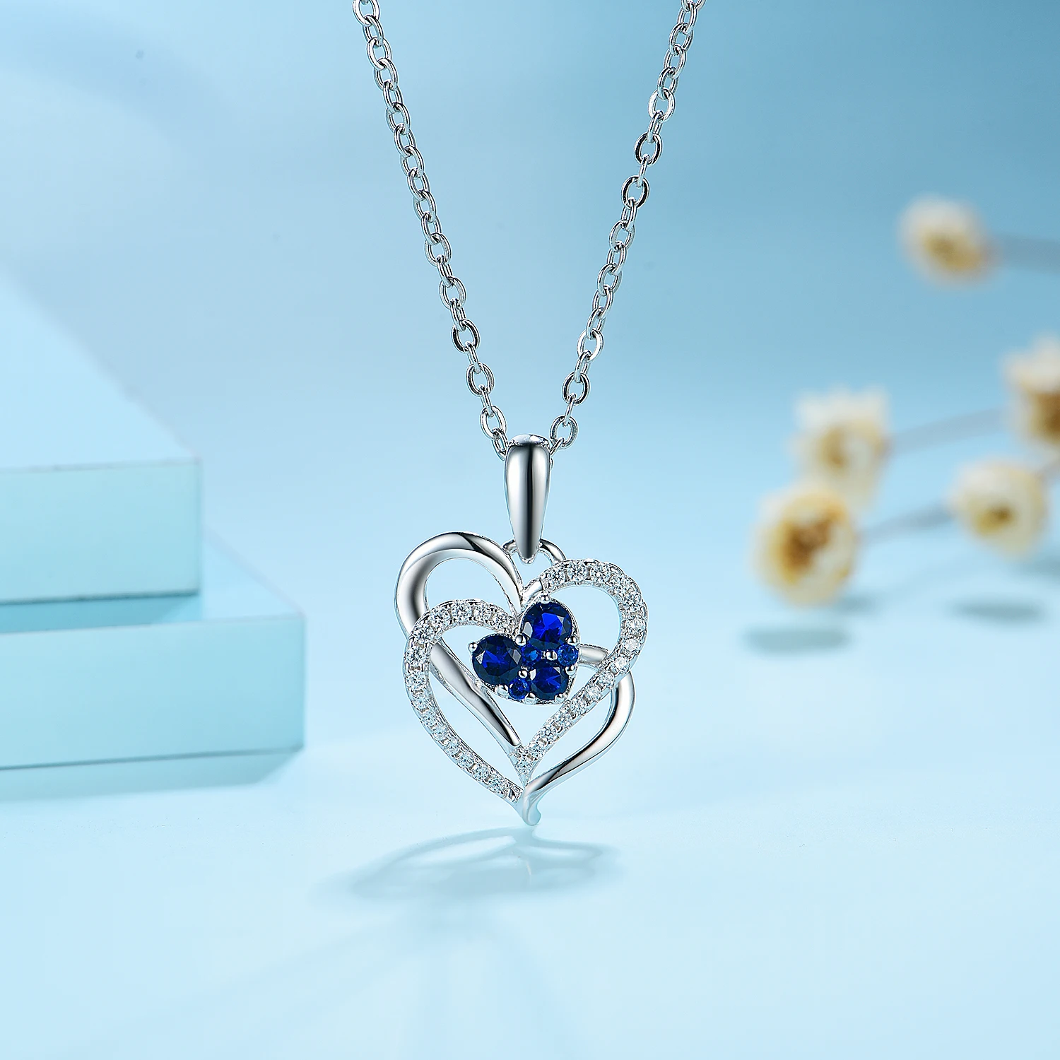 

Joacii 925 Sterling Silver Double Love Pendant Gold Multilayer Diamond Heart Shaped Necklaces With Orbis, White