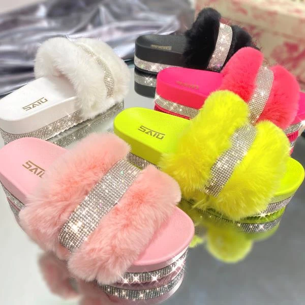 

Hot sale Summer anti-slip rabbit fur slider sandals 2020, Black, white, pink, yellow