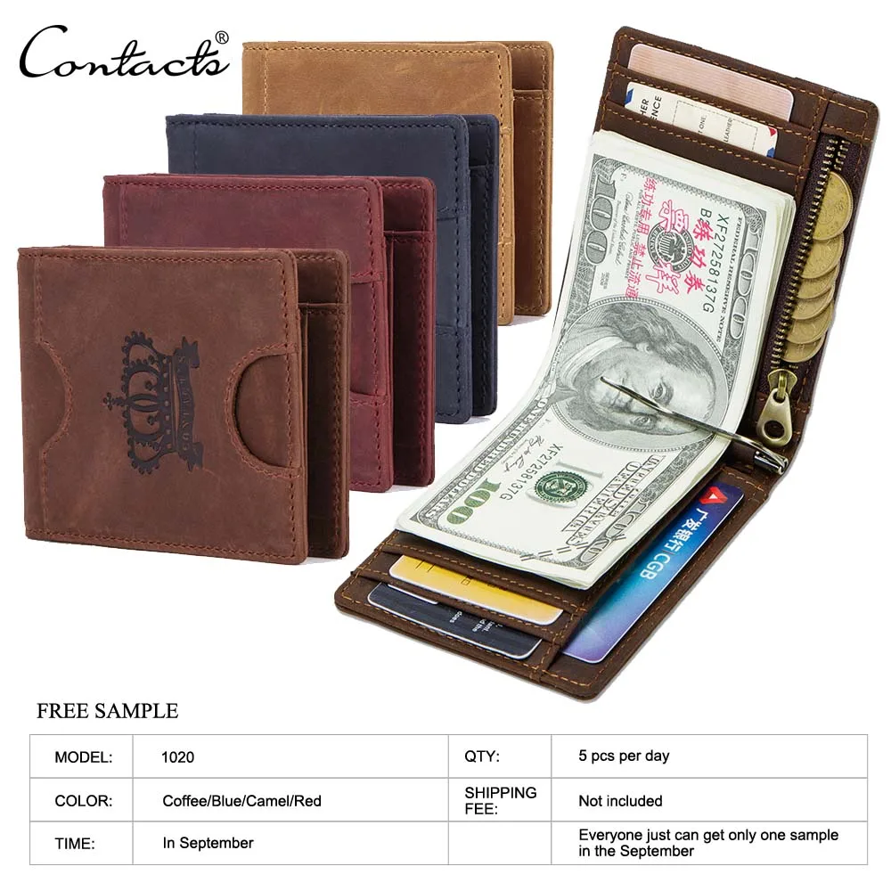 

free sample contacts crazy horse leather card holder with coin pocket rfid blocking ultra thin men genuine leather money clip, Coffee;blue;red;camel or customized color