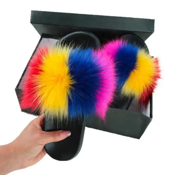 

Customize Shoes Rainbow Fur Sandals House Slides Bedroom Fur Slippers Vendors for Fur Slides, As pictures or customized colors